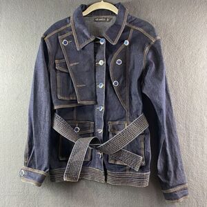 TEE Match Jean Jacket Women's Size M Dark Blue Belt Royal Buttons Military Style